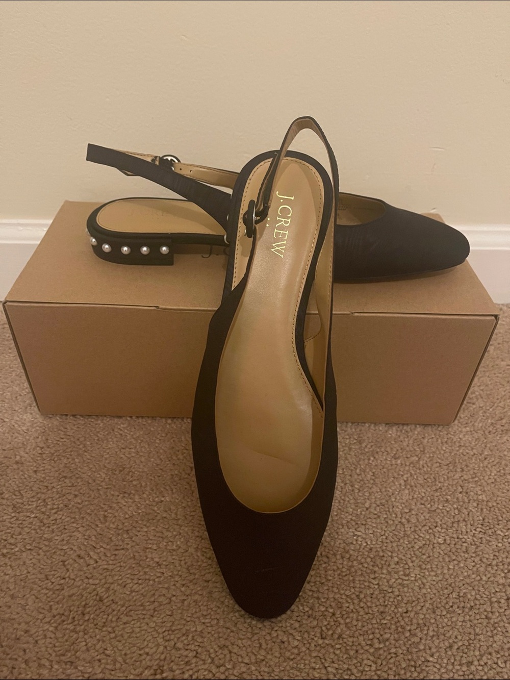J. Crew Black Pearl-Embellished Slingback Flats Size 9 1/2